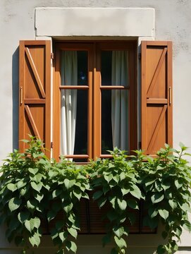 Home improvement with sustainable building concept. Window with wooden shutters and a balcony adorned with lush greenery against a textured wall.