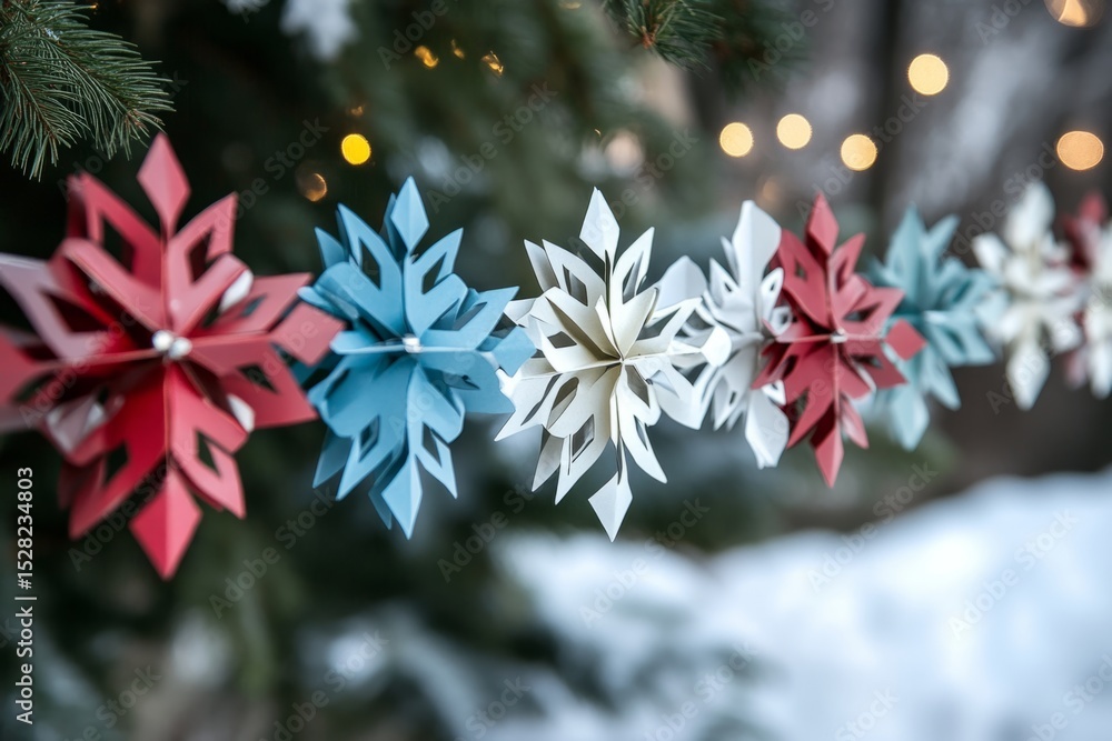 Poster red, white and blue paper snowflakes hanging on a pine tree branch with bokeh lights in the backgrou