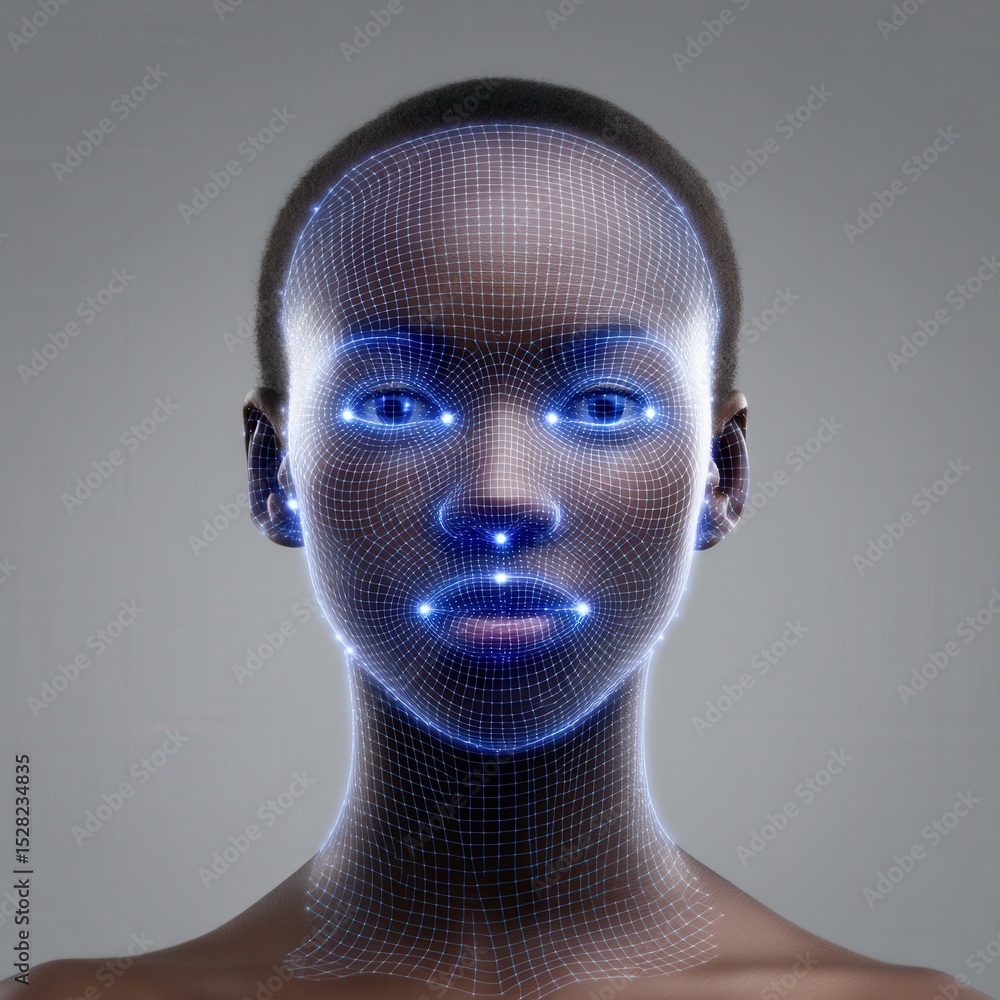Poster realistic portrait of a female figure illustrating advanced facial recognition technology highlighte