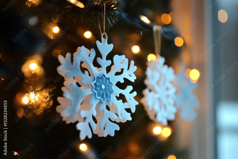 Poster beautiful snowflake ornaments hanging on a christmas tree with warm string lights creating a festive