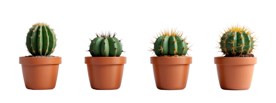 A set of four small cactus plants in a brown pot.