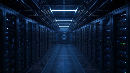 Futuristic data center with rows of server racks