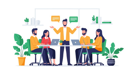 flat vector illustration: A diverse business team engages in a dynamic discussion around a meeting table, with speech bubbles highlighting communication and diverse viewpoints in a modern office