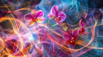 Orchid light trails dance across an abstract backdrop painting it with colorful luminescence