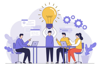Collaborative flat vector illustration: A diverse team works together on a central idea, symbolized by a large lightbulb, with gears and message bubbles, emphasizing teamwork and innovation