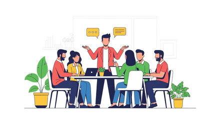 flat vector illustration: A diverse business team engages in a dynamic discussion around a meeting table, with speech bubbles highlighting communication and diverse viewpoints in a modern office