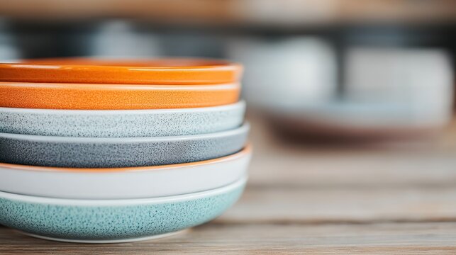 This image features a collection of stacked colored bowls, emphasizing aesthetics and texture on a rustic wooden table, perfect for culinary themes or lifestyle illustrations.