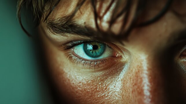 This close-up image highlights an intense blue eye, showcasing intricate details and texture that evoke a sense of depth and curiosity about the human experience. - Powered by Adobe
