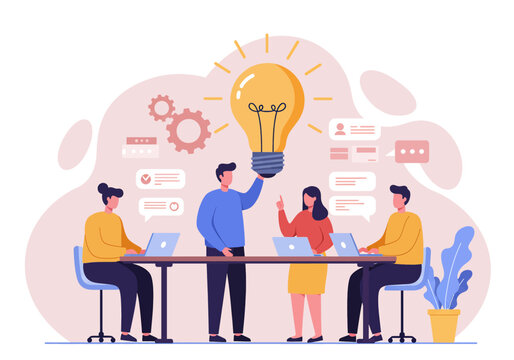 Collaborative flat vector illustration: A diverse team works together on a central idea, symbolized by a large lightbulb, with gears and message bubbles, emphasizing teamwork and innovation