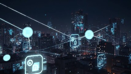 Futuristic city at night with digital overlays - Powered by Adobe