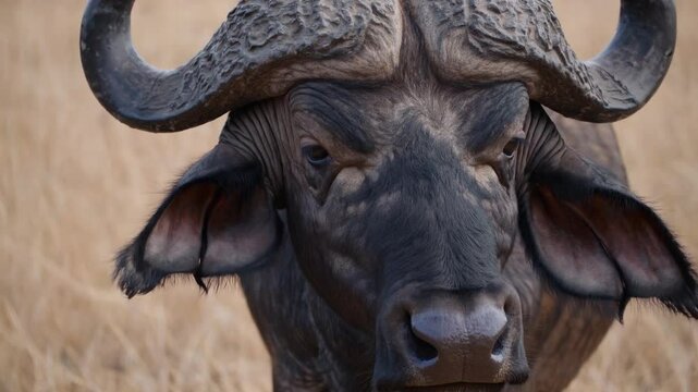 Muscular male african buffalo standing motionless within golden savanna grassland, radiating powerful presence with massive curved horns and penetrating gaze