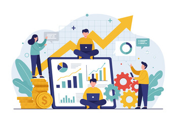 Collaborative flat vector illustration: A team analyzes business growth charts, currency stacks, and gears, working on a large tablet with a rising arrow. Represents teamwork and financial success