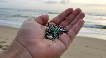 A Handful of Microplastic Pollution Found on a Sandy Beach