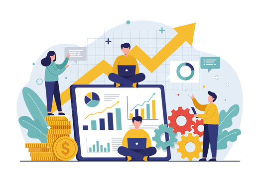 Collaborative flat vector illustration: A team analyzes business growth charts, currency stacks, and gears, working on a large tablet with a rising arrow. Represents teamwork and financial success