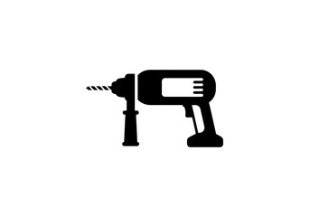 A graphic illustration of a black power drill with a side handle on a white background design icon