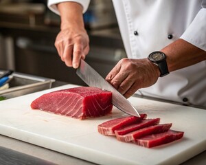 Chef Skillfully Slicing Fresh Tuna for Sushi Preparation in Kitchen