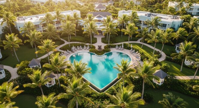 Aerial view of a heart shaped pool surrounded by palm trees and buildings in a tropical resort setting