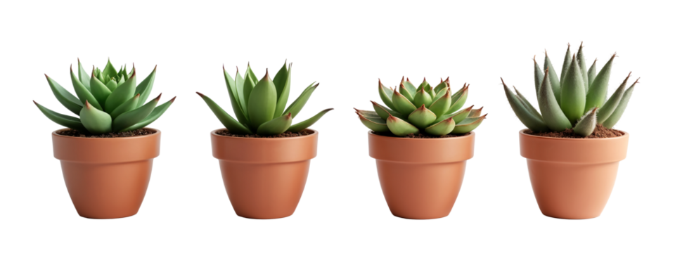 A set of four different types of succulents in a brown pot.