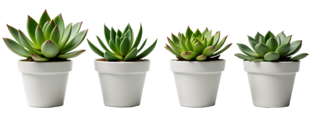 A set of four white pots with green plants in them.