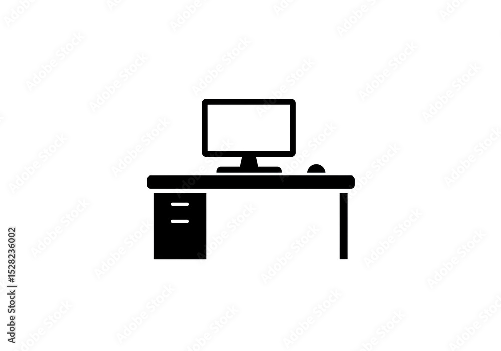 Poster a simple black and white graphic of a desk with a computer and mouse on top with drawers on the left