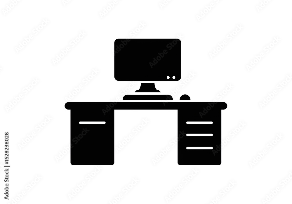 Poster a black silhouette of a computer on a desk with drawers and a mouse on a white background
