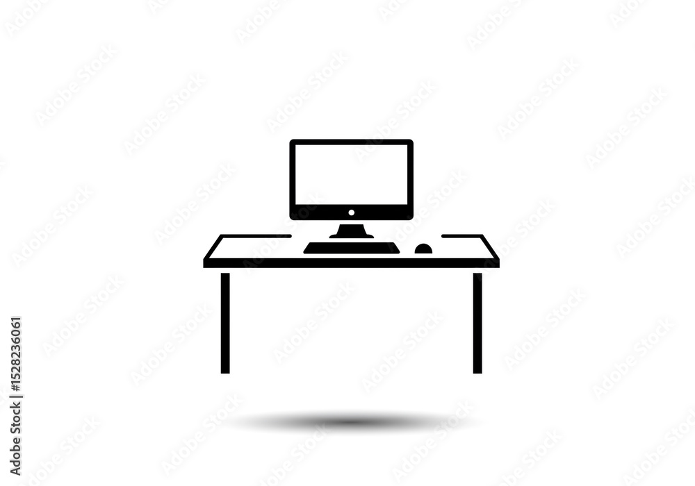Poster a simple black and white illustration of a computer on a desk with a mouse on a white background