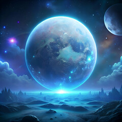Alien planet glows with ethereal light.