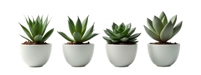 A set of four white planters with succulents in them.
