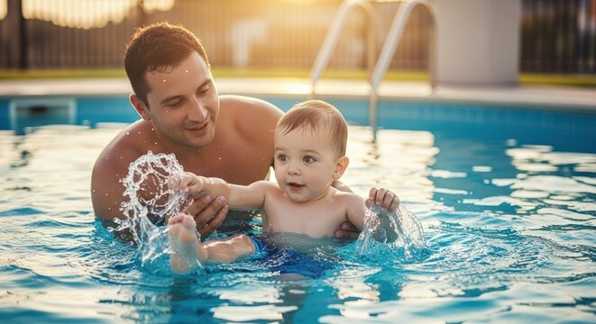 A father and baby splashing in a pool on a sunny day creating a fun and memorable experience together