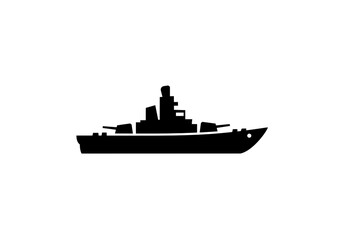 Obraz premium A silhouette of a battleship with visible guns and superstructure on a white plain background