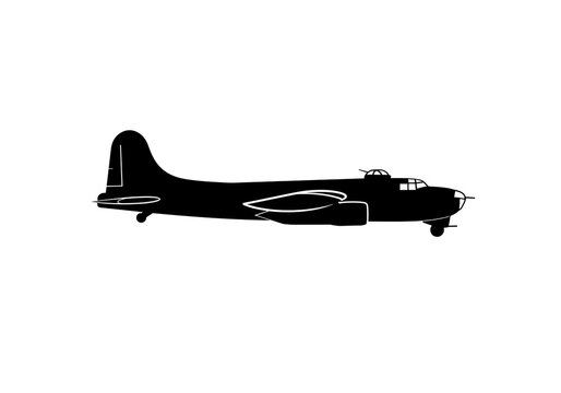 Silhouette of a world war ii era b seventeen flying fortress bomber against a white background