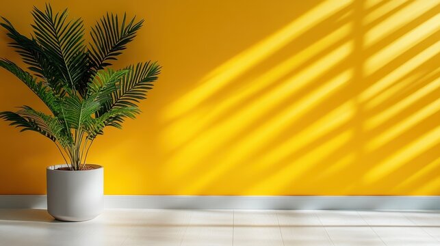An aesthetically pleasing indoor plant presented against a bold yellow wall, showcasing a blend of natural beauty and artistic design, invoking freshness and creativity.