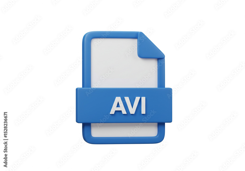 Poster a blue and white rendering of an avi file format icon on a plain white background in a studio shot