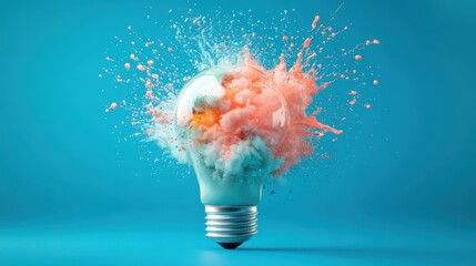 This artistic image portrays a colorful light bulb bursting with vibrant splashes of color, symbolizing innovation and the explosion of creative ideas.