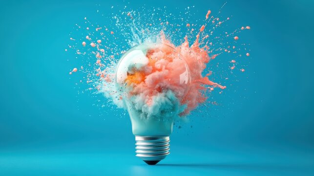 This artistic image portrays a colorful light bulb bursting with vibrant splashes of color, symbolizing innovation and the explosion of creative ideas.