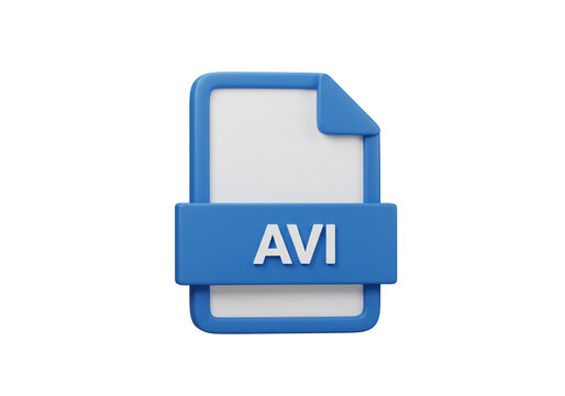 A blue and white rendering of an avi file format icon on a plain white background in a studio shot