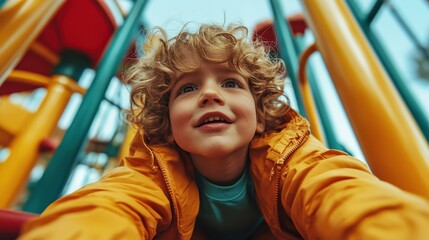 A cheerful child with curly hair smiles playfully while climbing on a colorful playground structure, capturing the joy and innocence of childhood in a vibrant outdoor setting.