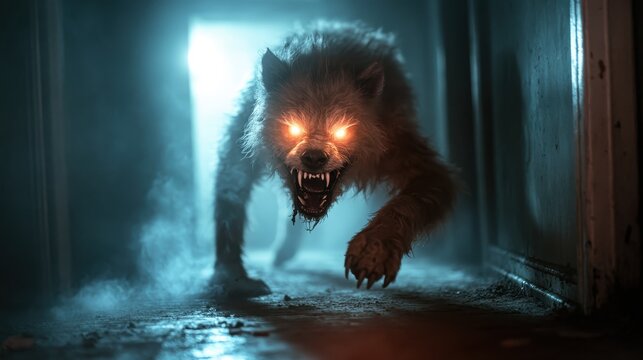 A chilling depiction of a menacing creature with glowing eyes in a dark corridor, embodying the thrill of fear and suspense typical in horror storytelling. - Powered by Adobe