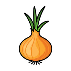 Illustration of a whole onion with brown skin and green sprouts on a white background design art