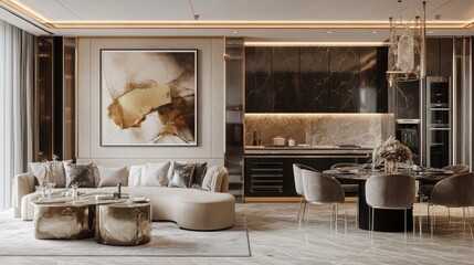 Mock-up poster frame on the wall of living room Luxurious apartment background with contemporary design Modern interior design 3D render 3D illustration