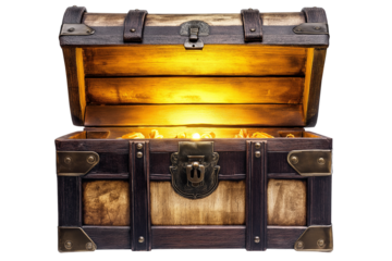 Open vintage wooden treasure chest glowing with light, isolated on a white or transparent background — perfect for fantasy, adventure, and game-themed designs.