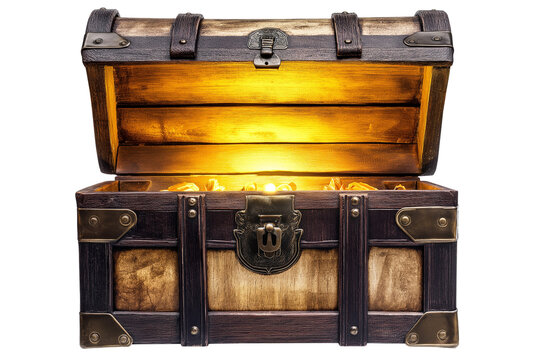 Open vintage wooden treasure chest glowing with light, isolated on a white or transparent background — perfect for fantasy, adventure, and game-themed designs.