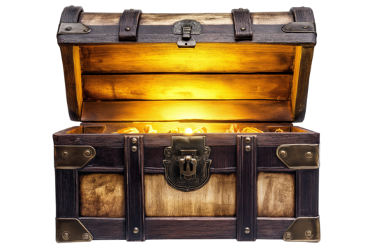 Open vintage wooden treasure chest glowing with light, isolated on a white or transparent background — perfect for fantasy, adventure, and game-themed designs.