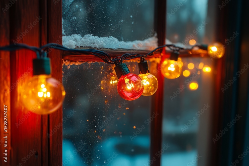 Poster colorful string lights creating a warm and festive atmosphere against a snowy window on a cold winte