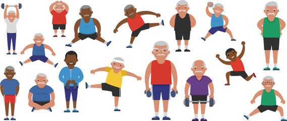Group of people doing exercise, an old man exercising, a gym activity, Senior people practicing yoga.