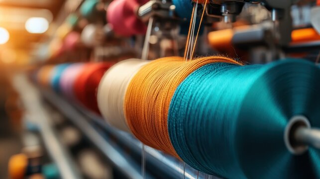 An array of vibrant threads showcased in a textile workshop, emphasizing the artistry and craft involved in fabric creation and the joy of creative expression in sewing.