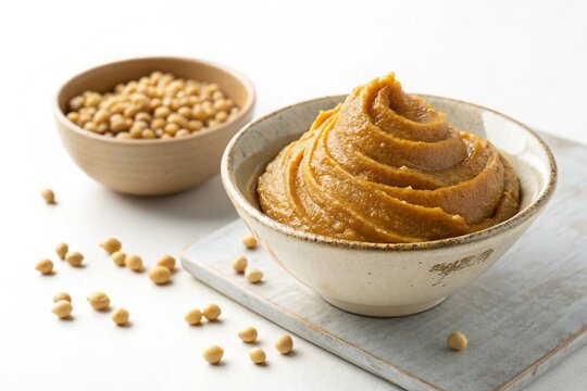 Delicious miso paste and soybeans in ceramic bowls ready for cooking and eating