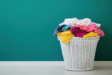Overfilled laundry basket with colorful clothes against teal wall in a bright space, White laundry basket overfilled with colorful clothes against teal wall