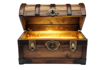 Glowing open vintage wooden treasure chest isolated on a white or transparent background — great for fantasy, games, history, and adventure-themed visuals.