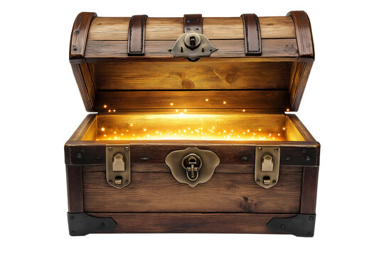 Glowing open vintage wooden treasure chest isolated on a white or transparent background — great for fantasy, games, history, and adventure-themed visuals.